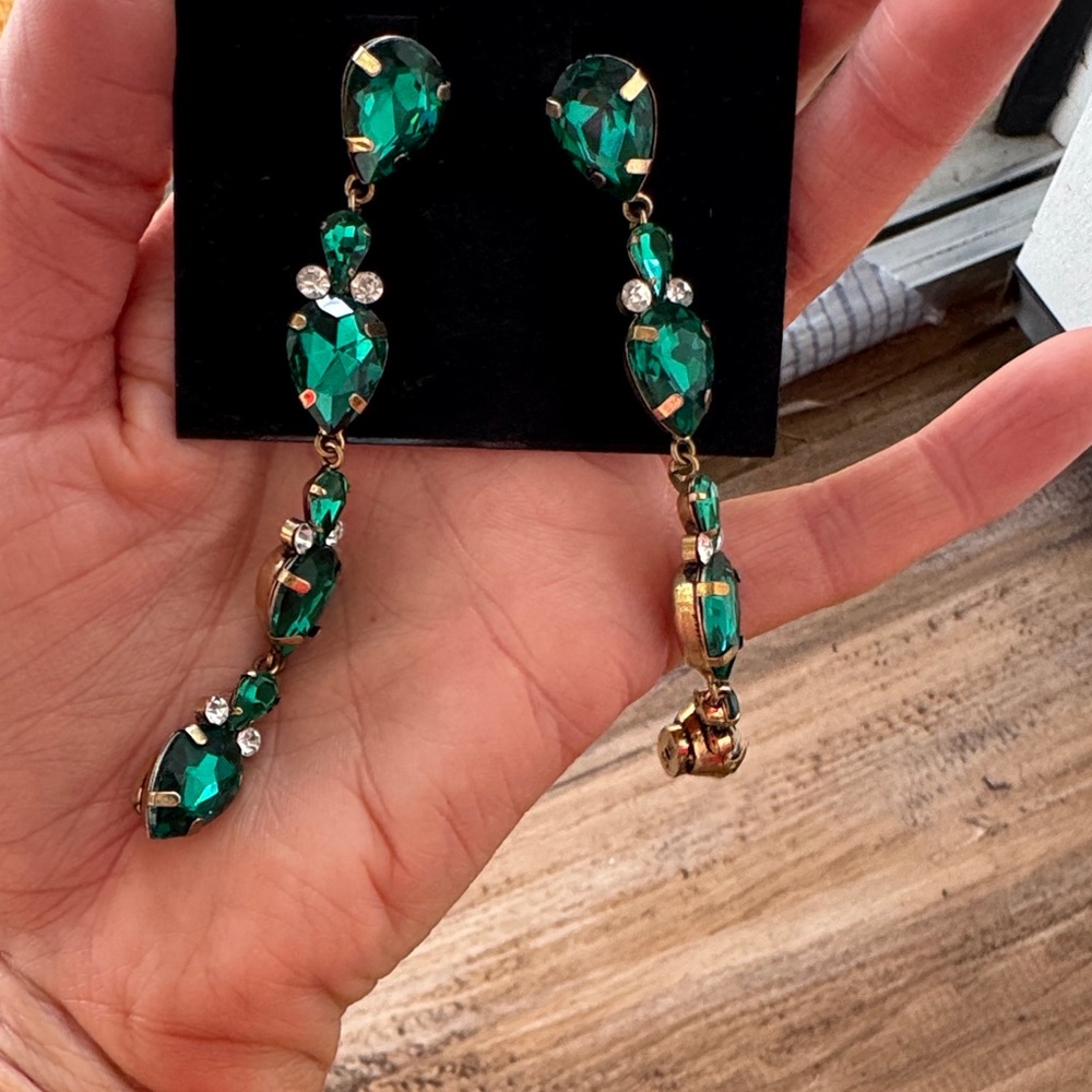 Sherri Hill Emerald Green Crystal Earrings - Picture 3 of 3